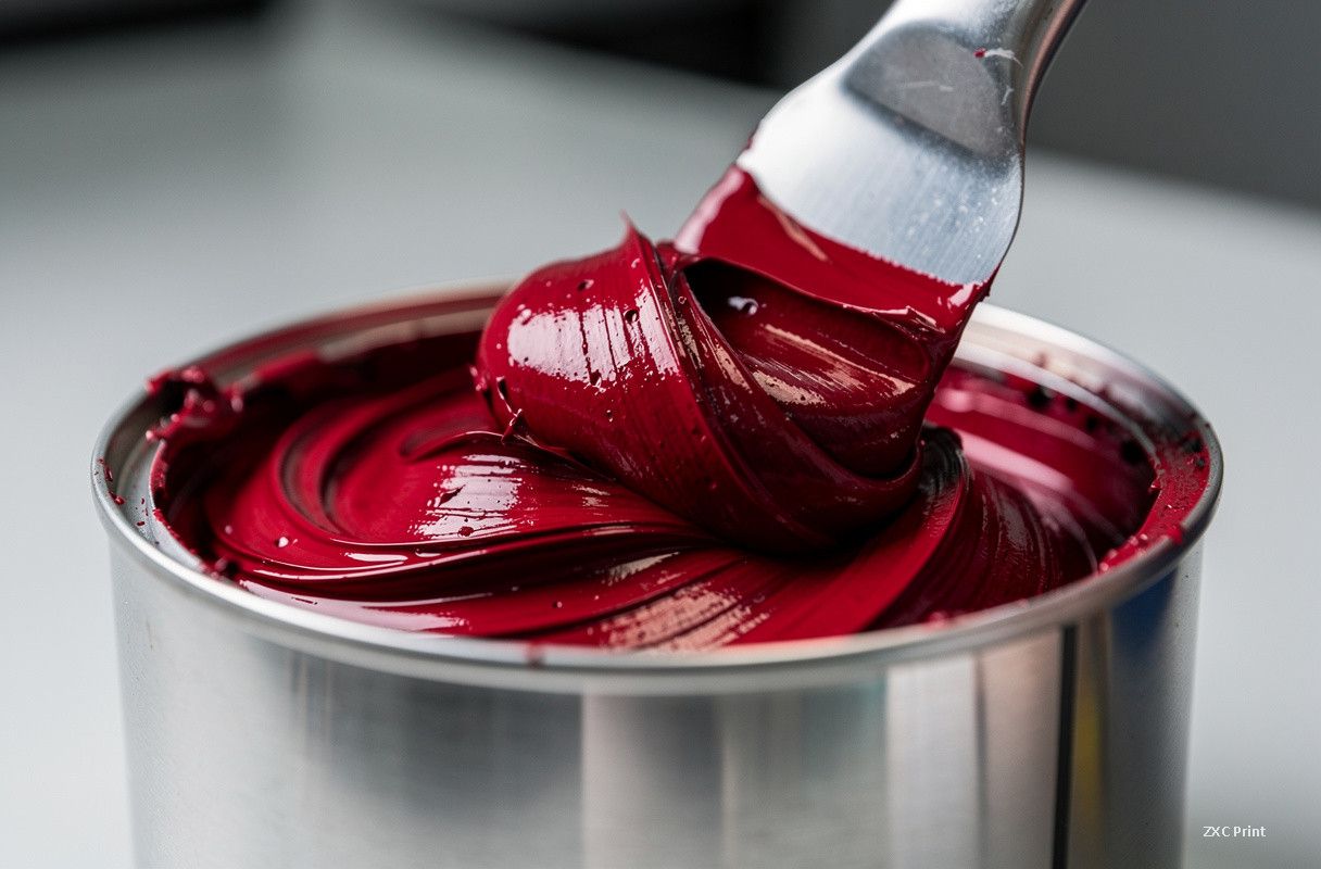 red offset printing ink being mixed in a metal container during production