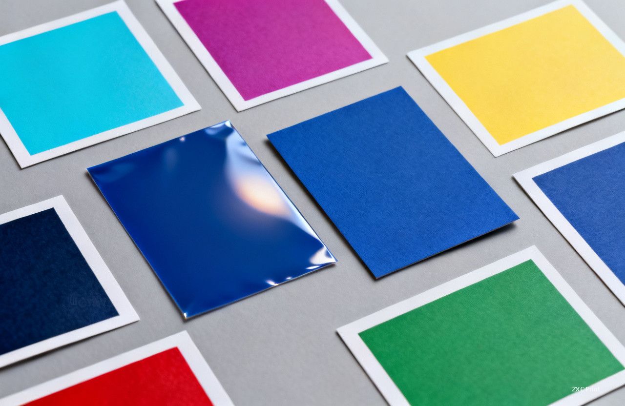 Gedruckte Farbmusterkarten auf einer neutralen grauen Oberfläche mit einer glänzenden und einer matten blauen Karte nebeneinander