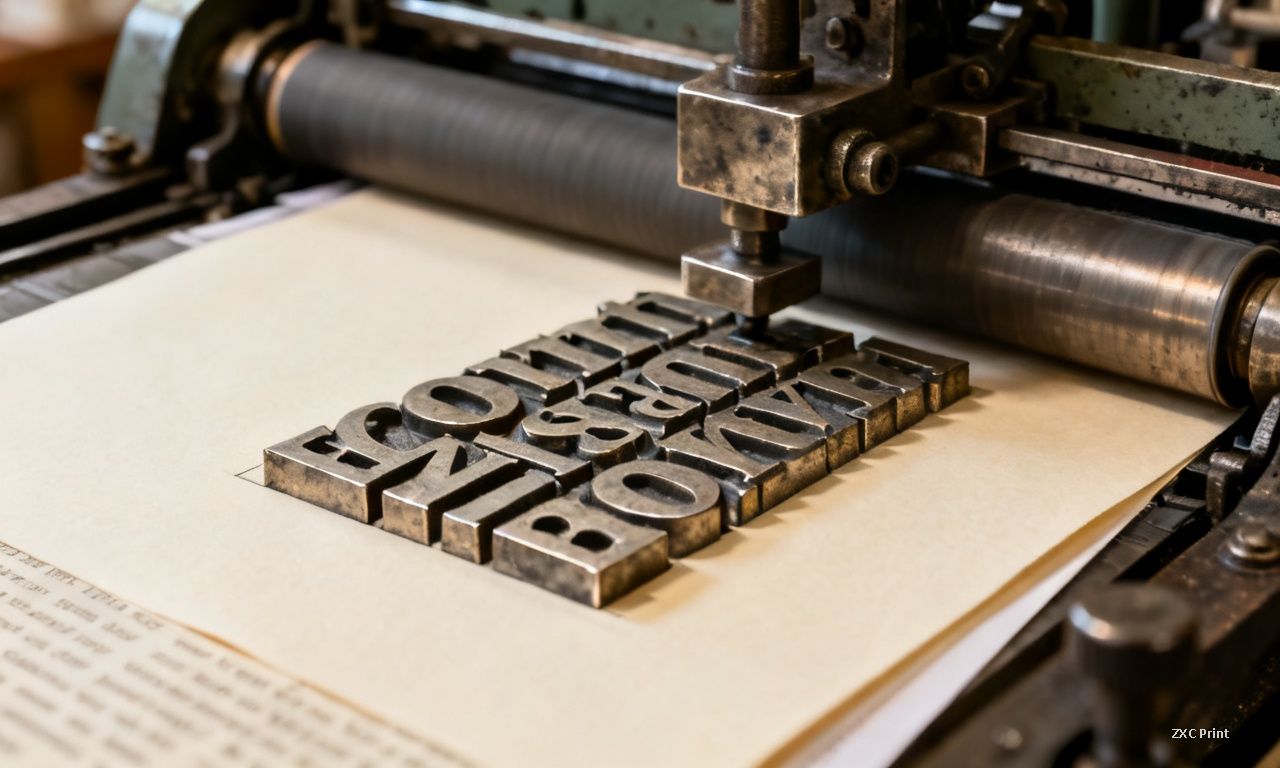 Letterpress printing press with raised metal type plates transferring ink onto paper sheets in a professional print shop