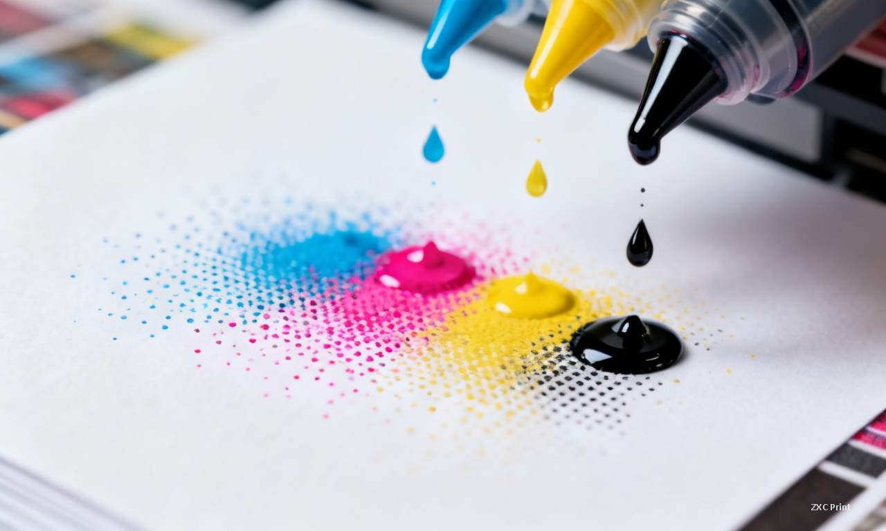 Macro close-up of CMYK ink droplets on coated paper showing digital printing ink colors and precision