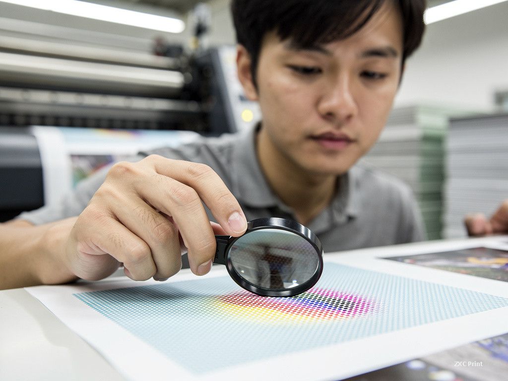 Quality inspector checking halftone dots on a printed sheet with a loupe