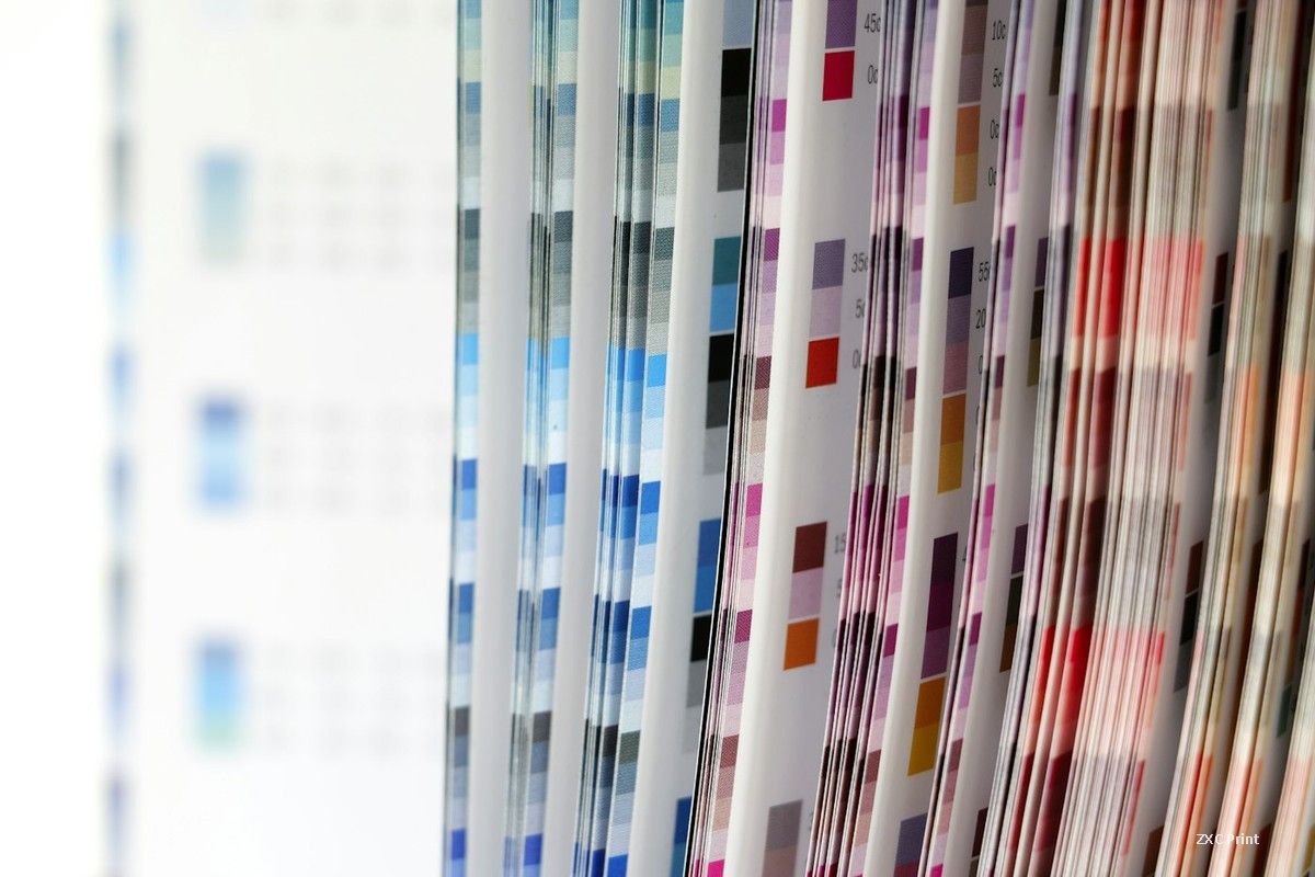 Abanico de muestras de color con parches de control CMY y valores porcentuales impresos