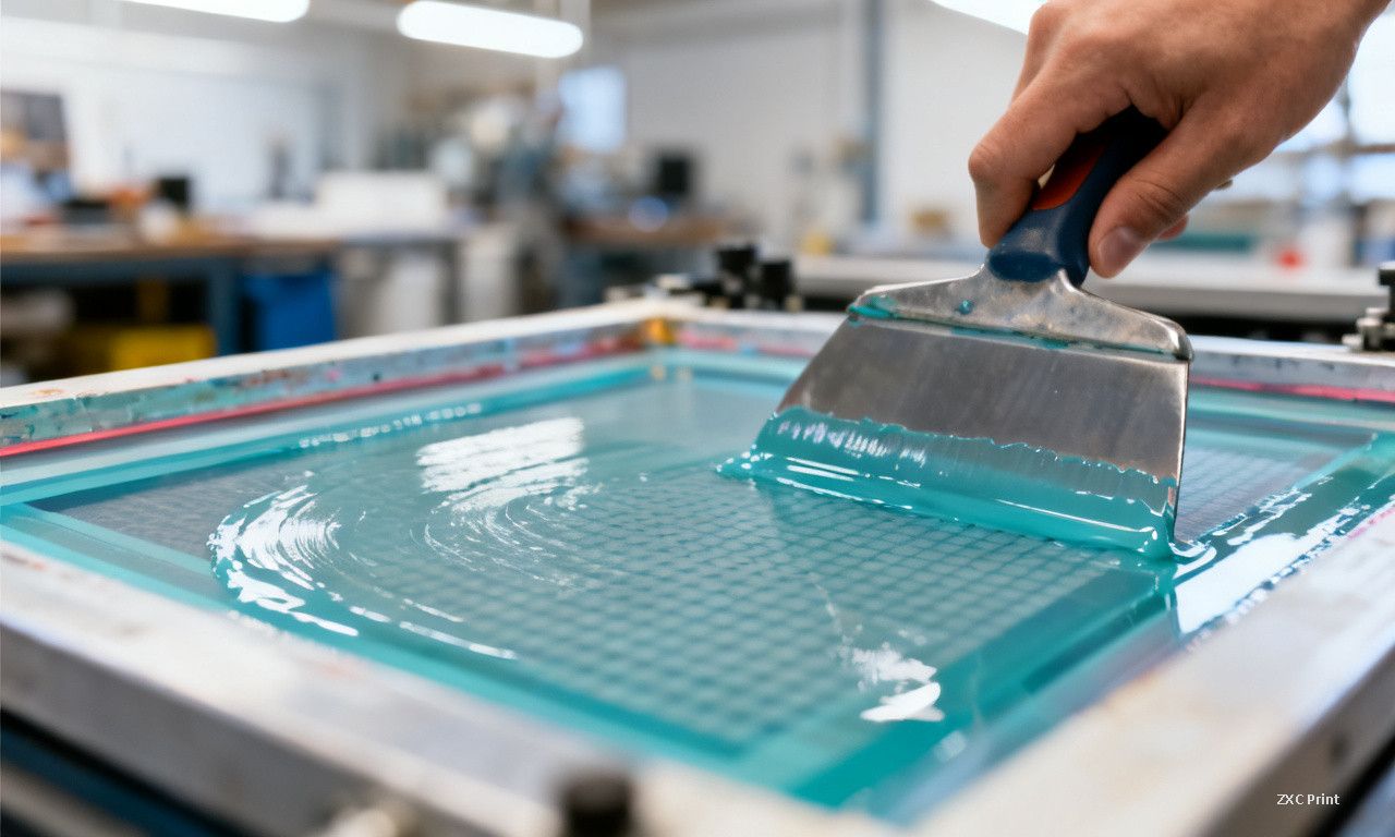 Screen printing mesh being coated with photosensitive emulsion in a modern print shop
