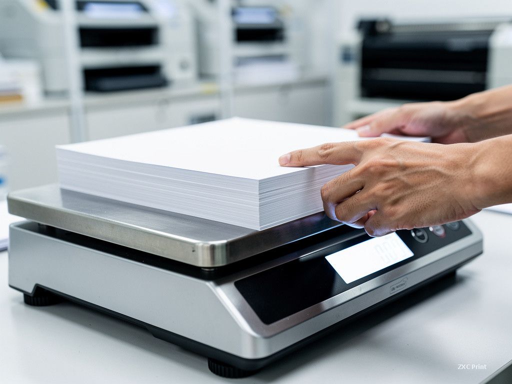 weighing a ream of paper on a digital scale in a print shop