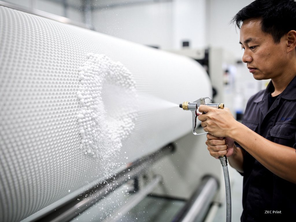 Ceramic anilox roller being cleaned with spray media in a flexographic print shop