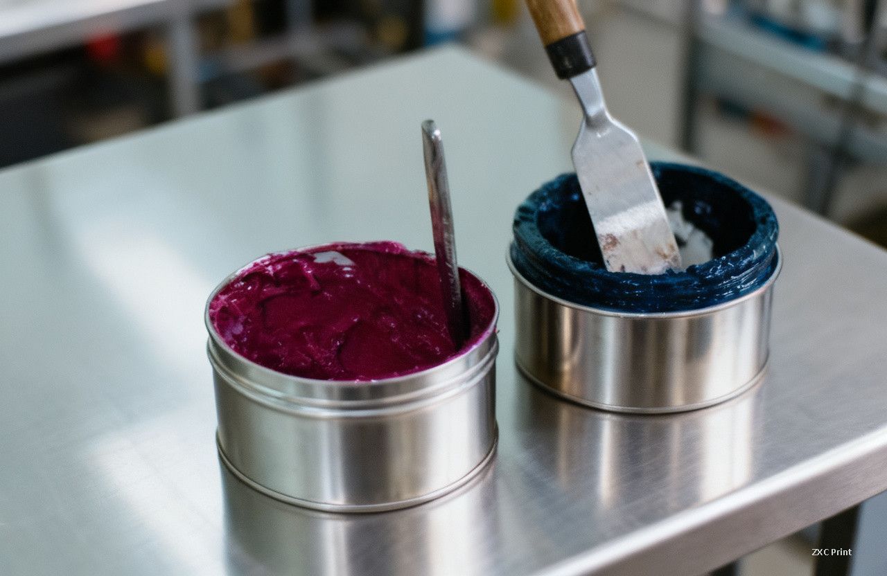 Open ink tins of thick offset printing ink with metal spatulas on a steel workbench in a pressroom
