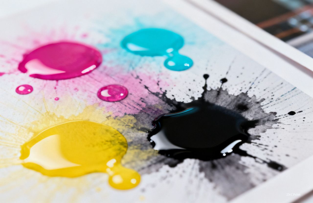water-soluble ink drops on paper in a professional printing environment
