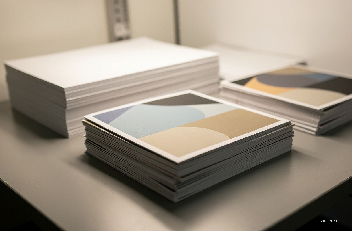 Printed paper stacks inspected under a balanced light source in a color viewing booth