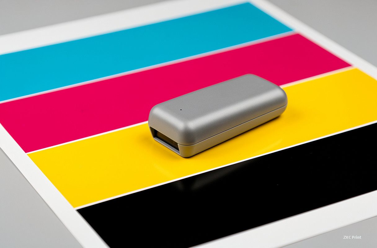 handheld spectrophotometer measuring solid color patches on a printed sheet for print quality control