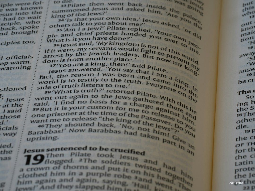 Close-up de páginas de livro impressas mostrando blocos densos de texto preto