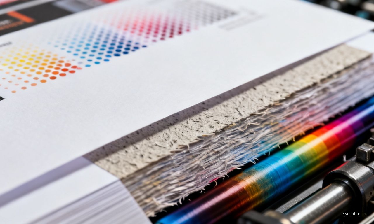 Close-up comparison of smooth coated paper and rough uncoated paper surfaces with CMYK halftone dots and offset press rollers