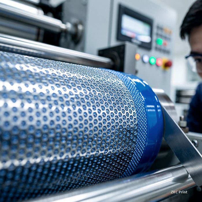 Close-up of an engraved anilox roller with ink cells being wiped by a doctor blade on a flexographic press