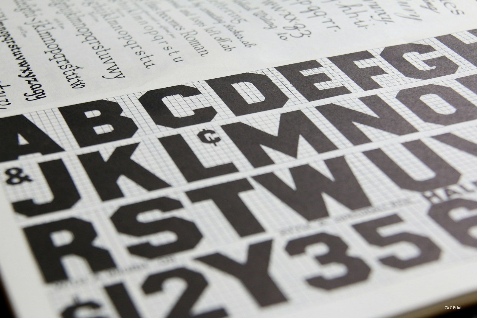 Printed type specimens showing letterforms and numbers