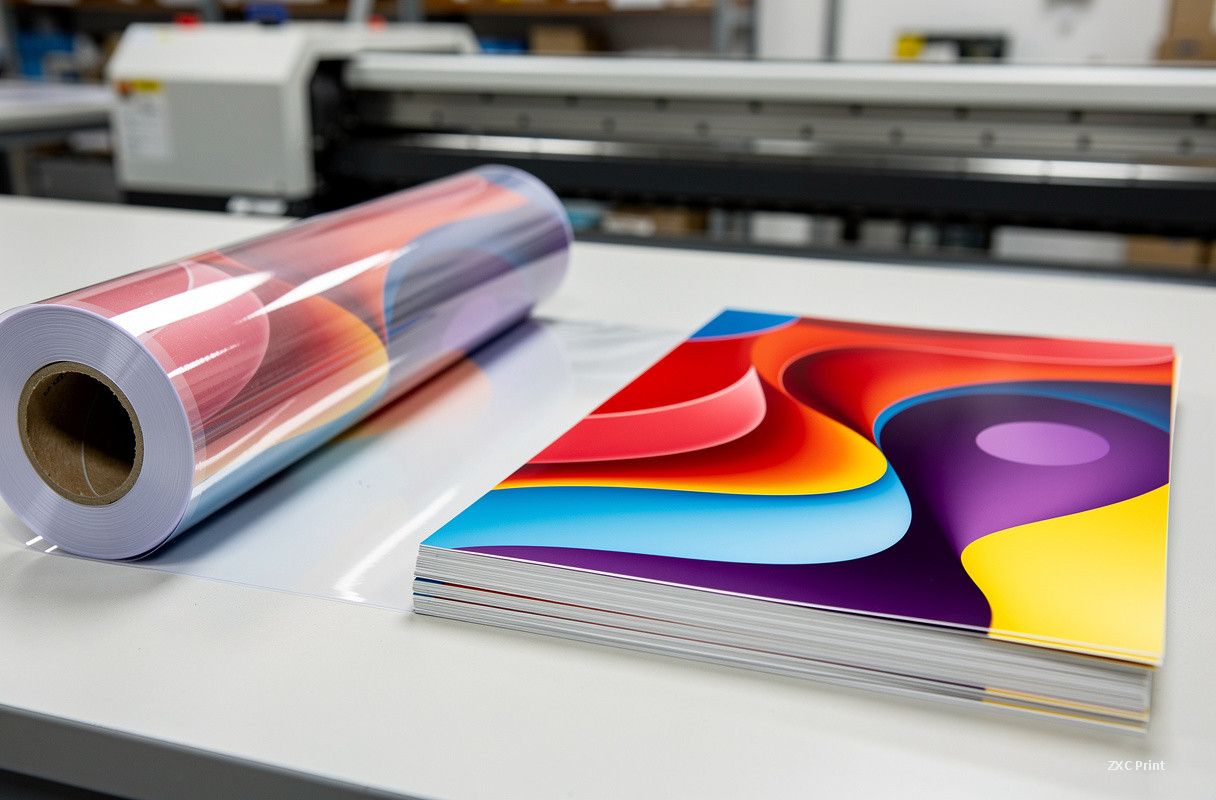 glossy lamination film roll next to laminated printed sheets with vibrant color graphics in a print finishing shop