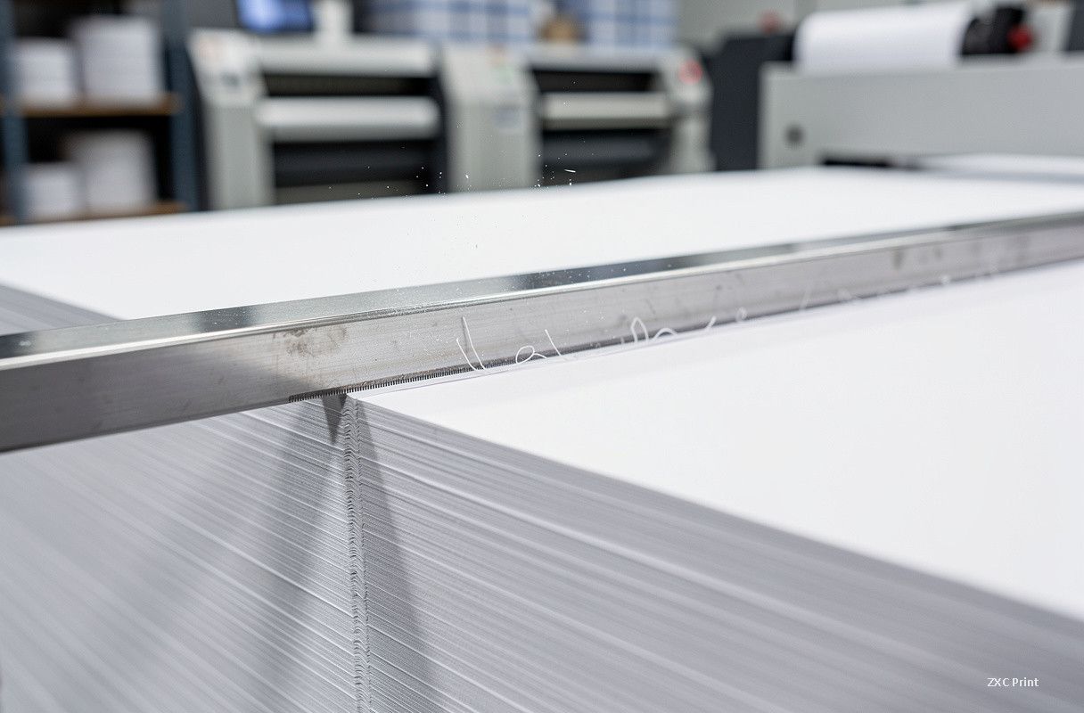 Guillotine cutter blade trimming a stack of paper