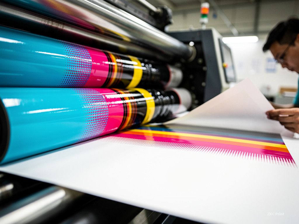 Offset press ink rollers transferring CMYK ink onto paper