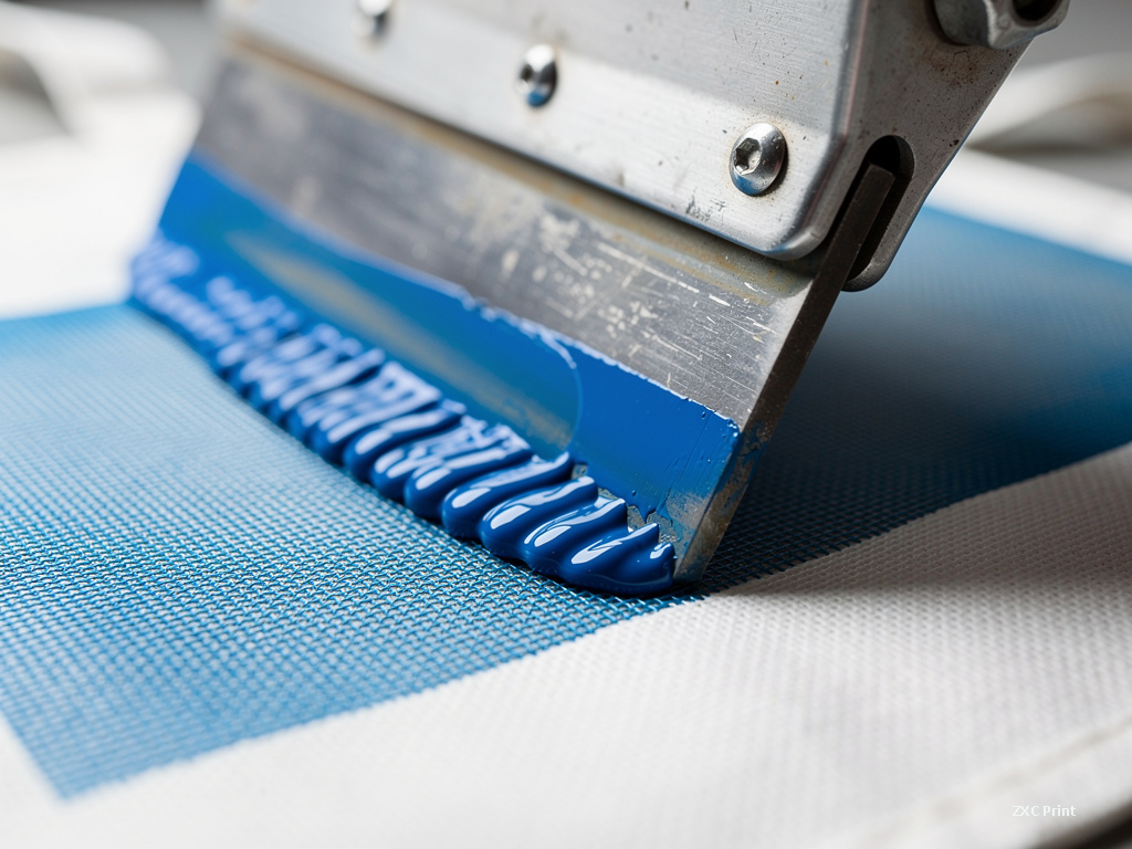 Screen printing ink being pressed through a mesh screen onto a non-woven fabric tote bag
